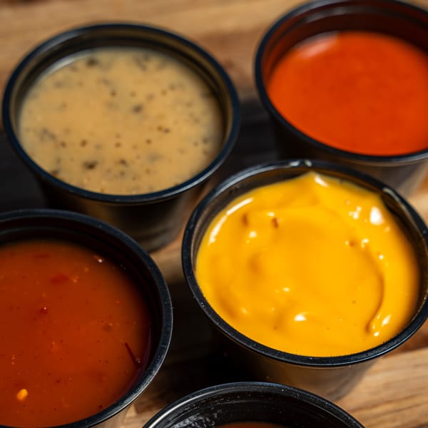 Five small black cups filled with various Bird Haus dipping sauces on a wooden surface.