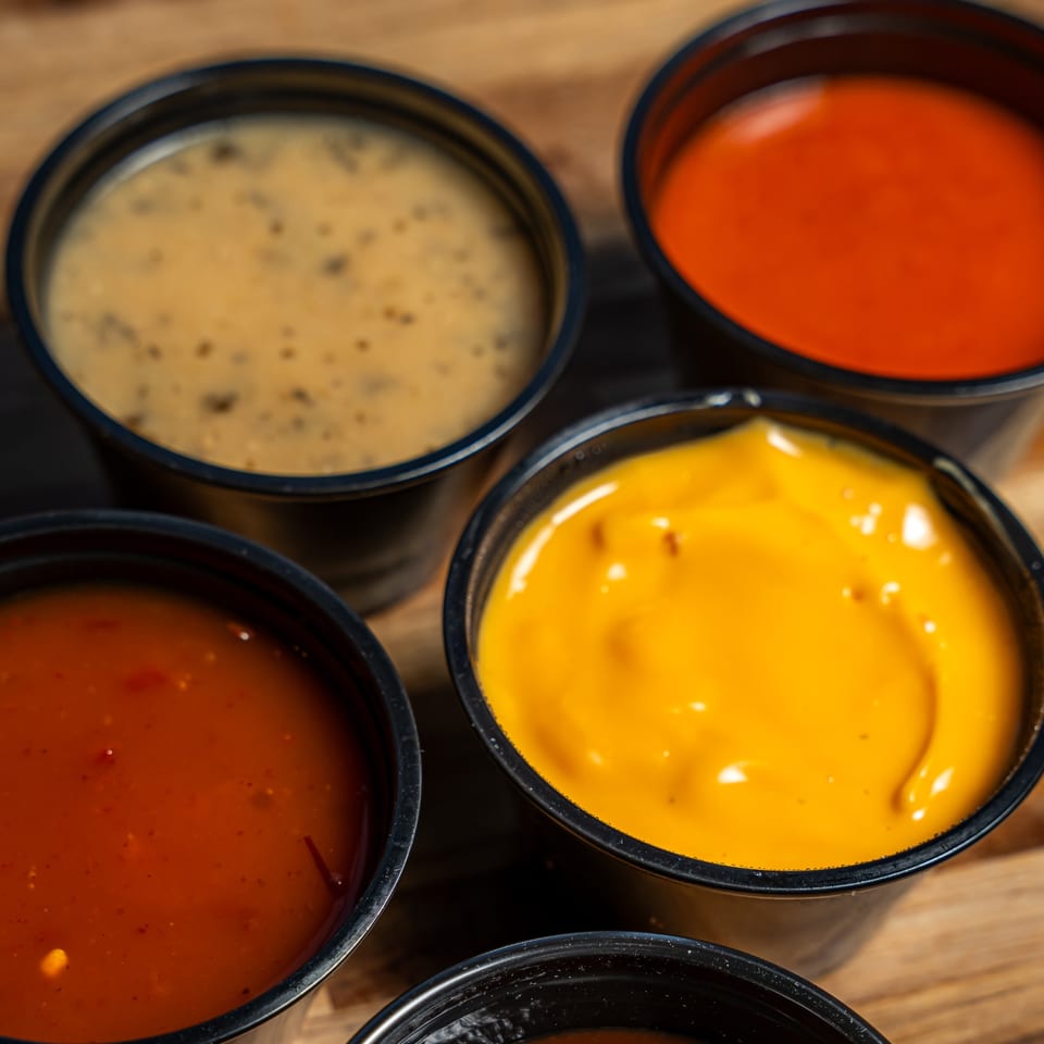 Five small black cups filled with various Bird Haus dipping sauces on a wooden surface.
